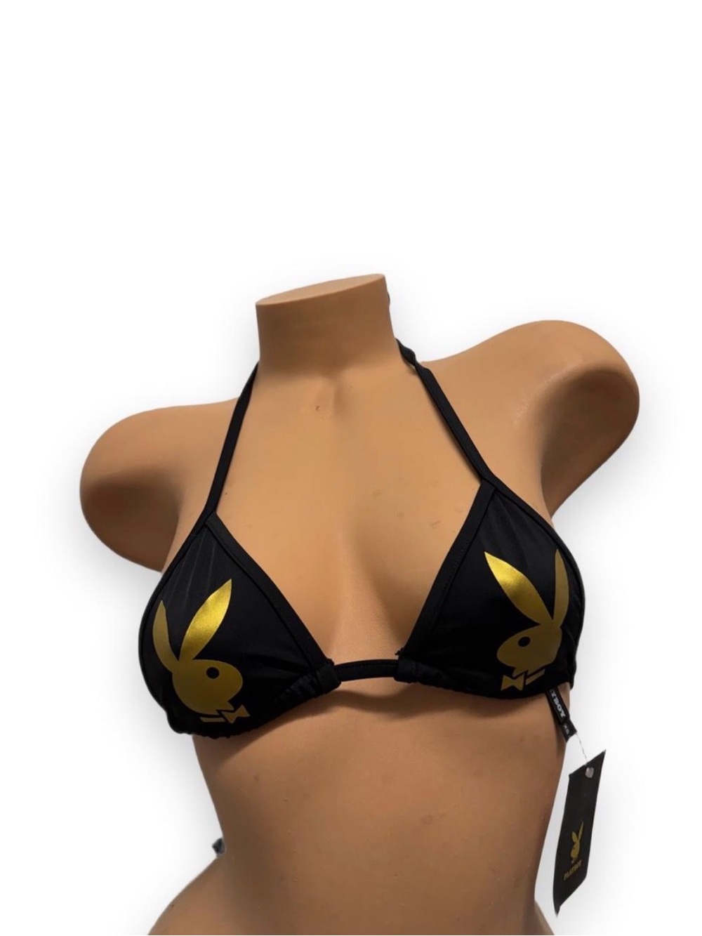 PLAYBOY Black Triangle Bikini Top with Gold Bunny Logos 1piece